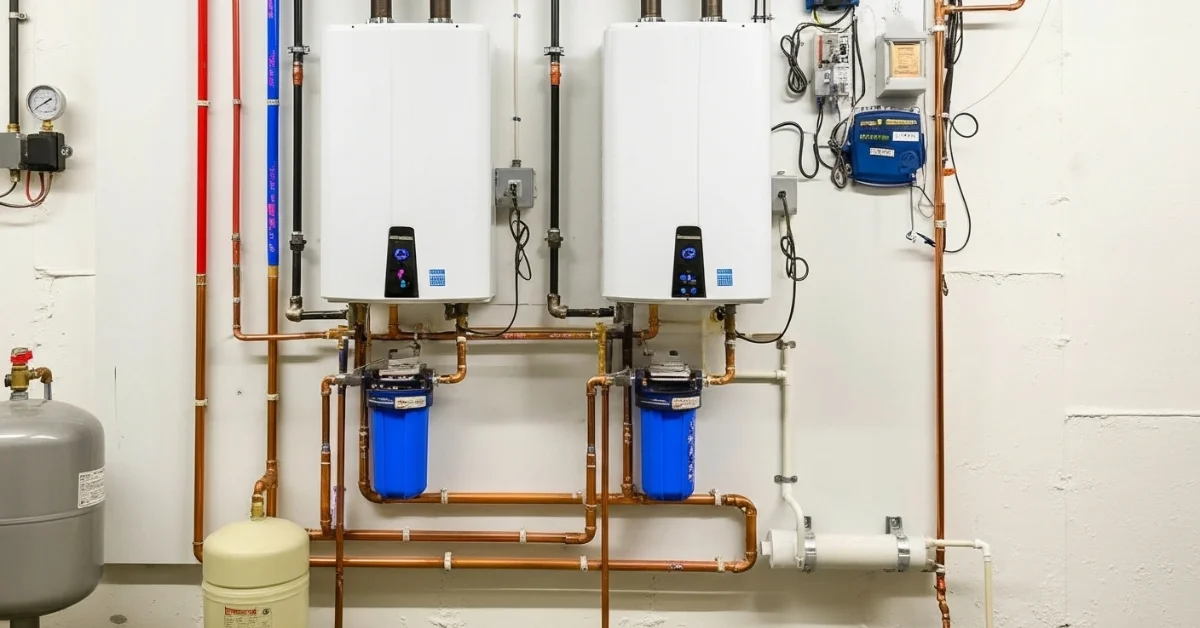 Dual tankless hot water system with pipes and filters